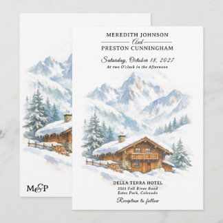 Convite Chalé de Montanha de Inverno Aquarela Casamento Na