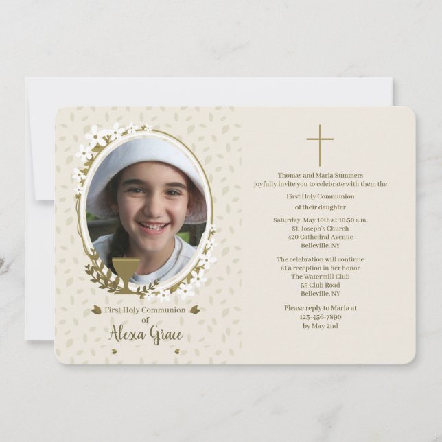 Convite Chalice com Flores Foto Primeira Comunhão (Frente)