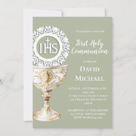 Convite Chalice Host First Communion sage green background