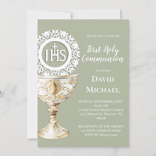 Convite Chalice Host First Communion sage green background (Frente)