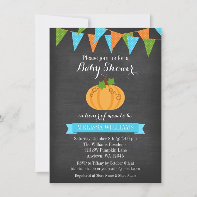 Convite Chalkboard Abóbora Bunting Menino Chá de Bebê de O (Frente)