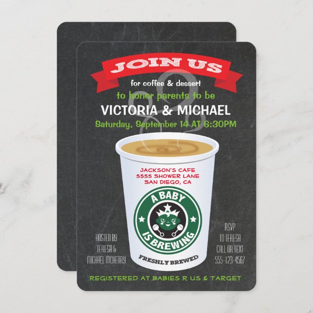 Convite Chalkboard Baby está criando Chá de fraldas de caf (Frente/Verso)