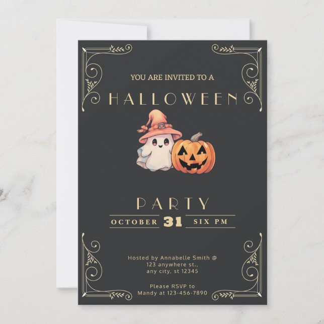 Convite Chalkboard Black & Dourado Ghost Halloween (Frente)