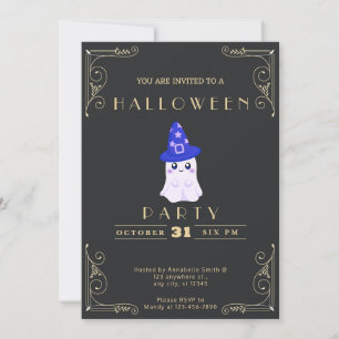 Convite Chalkboard Black & Dourado Ghost Stars Halloween