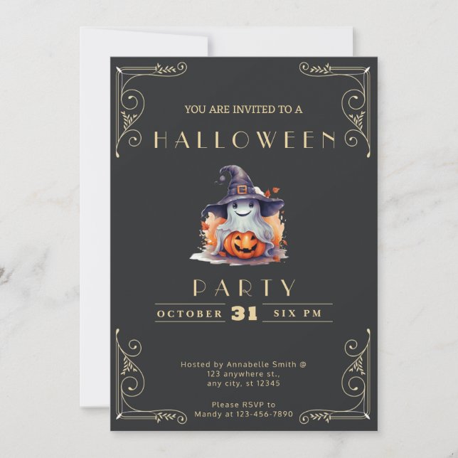 Convite Chalkboard Black & Dourado Ghost Witat Halloween (Frente)