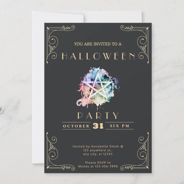 Convite Chalkboard Black & Dourado Pentagrama Halloween (Frente)