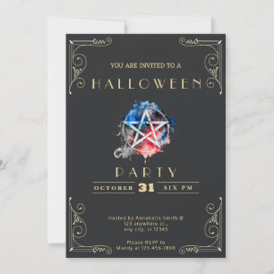 Convite Chalkboard Black & Dourado Pentagrama Halloween