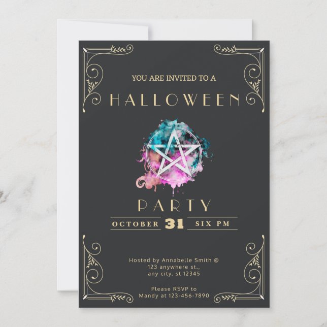 Convite Chalkboard Black & Dourado Pentagrama Halloween (Frente)