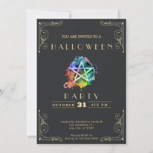 Convite Chalkboard Black & Dourado Pentagrama Halloween
