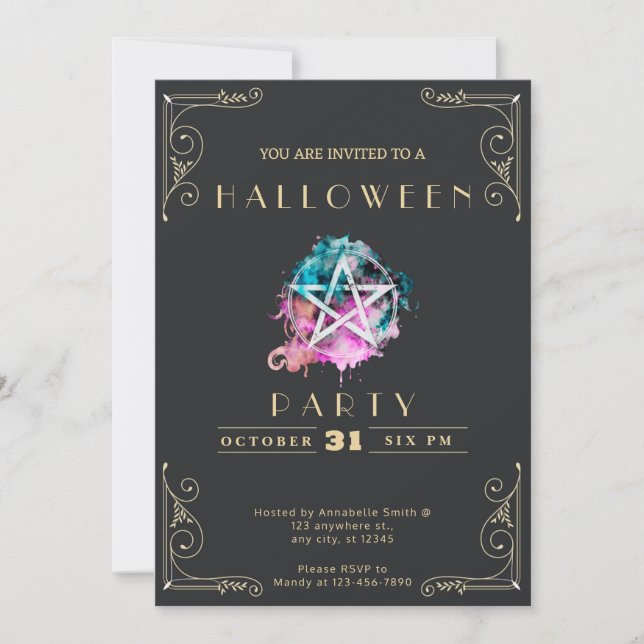 Convite Chalkboard Black & Dourado Pentagrama Halloween (Frente)