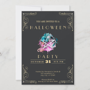 Convite Chalkboard Black & Dourado Pentagrama Halloween