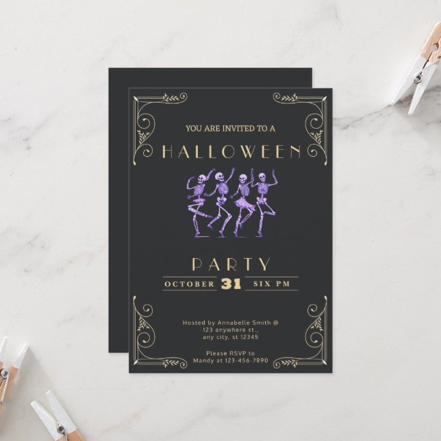 Convite Chalkboard Black & Dourado Purple Skeletons Hallow (Frente/Verso In Situ)