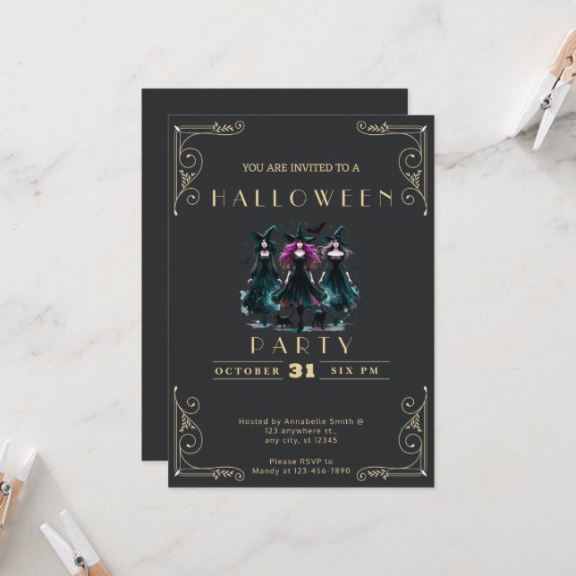 Convite Chalkboard Black & Dourado Witts Bats Halloween (Frente/Verso In Situ)