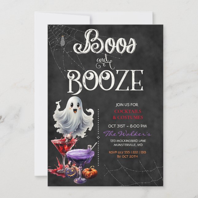 Convite Chalkboard Boos e Booze Halloween Cocktail Party (Frente)