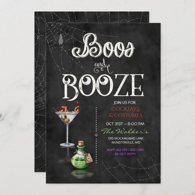 Convite Chalkboard Boos e Booze Halloween Cocktail Party (Frente/Verso)