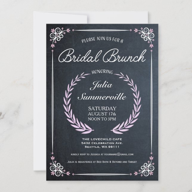 Convite Chalkboard Bridal Brunches Floral Rosa (Frente)