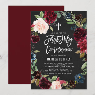 Convite Chalkboard Burgundy Floral Wreath Primeira Comunh