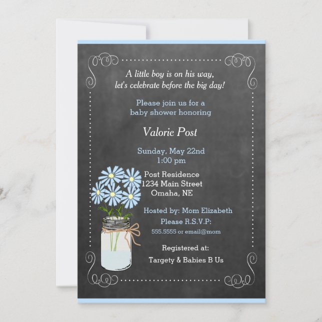 Convite Chalkboard Country Mason Jar Blue Flowers Baby (Frente)