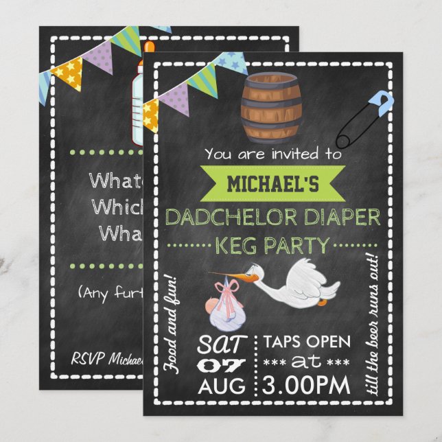 Convite Chalkboard de Festa de Chopp Dadchelor para Chá de (Frente/Verso)