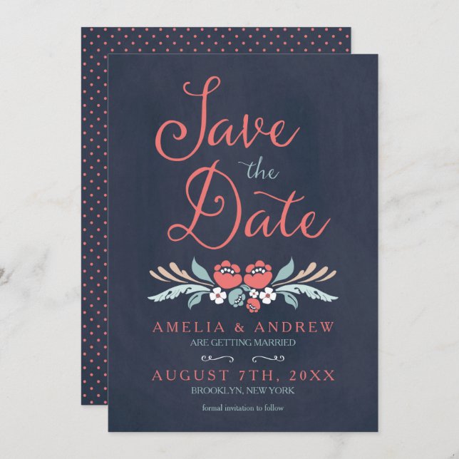 Convite Chalkboard Floral Save the Date Card (Frente/Verso)