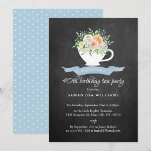 Convite Chalkboard Floral Teacup Birthday Tea Party