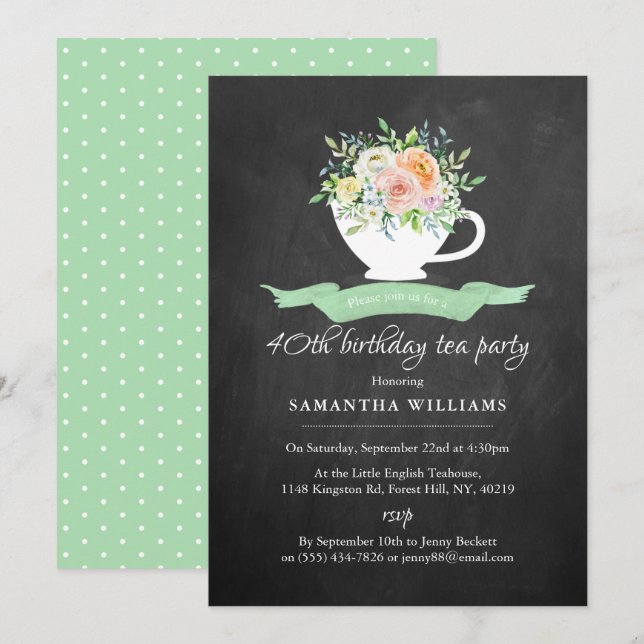 Convite Chalkboard Floral Teacup Birthday Tea Party (Frente/Verso)