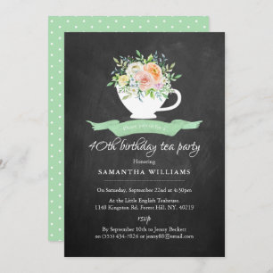 Convite Chalkboard Floral Teacup Birthday Tea Party