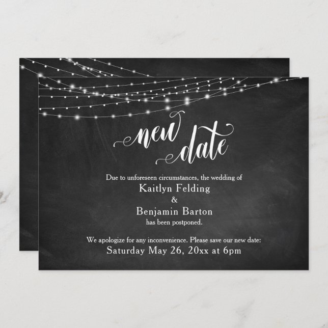 Convite Chalkboard & Lights Adiaram "New Date" de Casament (Frente/Verso)