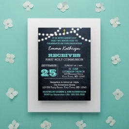 Convite Chalkboard Lights Teal First Communitation