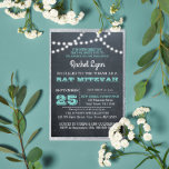 Convite Chalkboard Lights Teal Silver Border Bat Mitzvah<br><div class="desc">Estes convites casuais de chic são perfeitos para qualquer celebração de Bat Mitzvah. Cada linha de texto é perfeitamente personalizável para dizer exatamente o que você quer! Faux divisa com brilho prateado.</div>