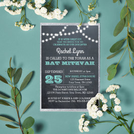 Convite Chalkboard Lights Teal Silver Border Bat Mitzvah