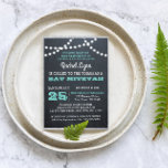 Convite Chalkboard Lights Teal Silver Border Bat Mitzvah<br><div class="desc">Estes convites casuais de chic são perfeitos para qualquer celebração de Bat Mitzvah. Cada linha de texto é perfeitamente personalizável para dizer exatamente o que você quer! Faux divisa com brilho prateado. Este estilo não tem logotipo para uma aparência limpa.</div>
