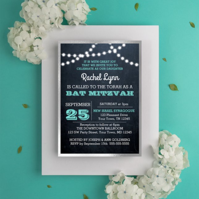 Convite Chalkboard Luz Teal Silver Textura Bat Mitzvah (Criador carregado)
