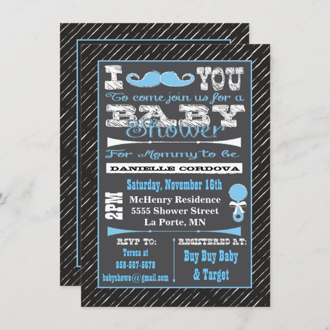 Convite Chalkboard Mustache Boy Baby Shower Invasores (Frente/Verso)