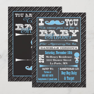 Convite Chalkboard Mustache Boy Baby Shower Invasores