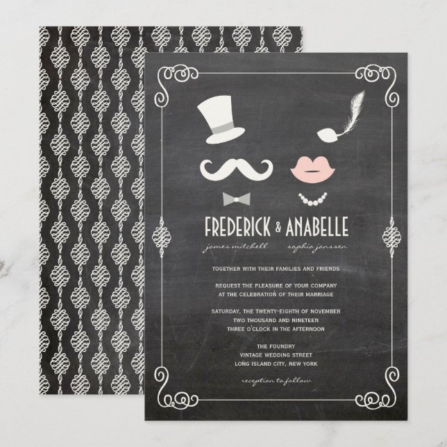 Convite Chalkboard Mustache E Lábios Vintage Casamento Chi (Frente/Verso)