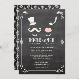 Convite Chalkboard Mustache E Lábios Vintage Casamento Chi