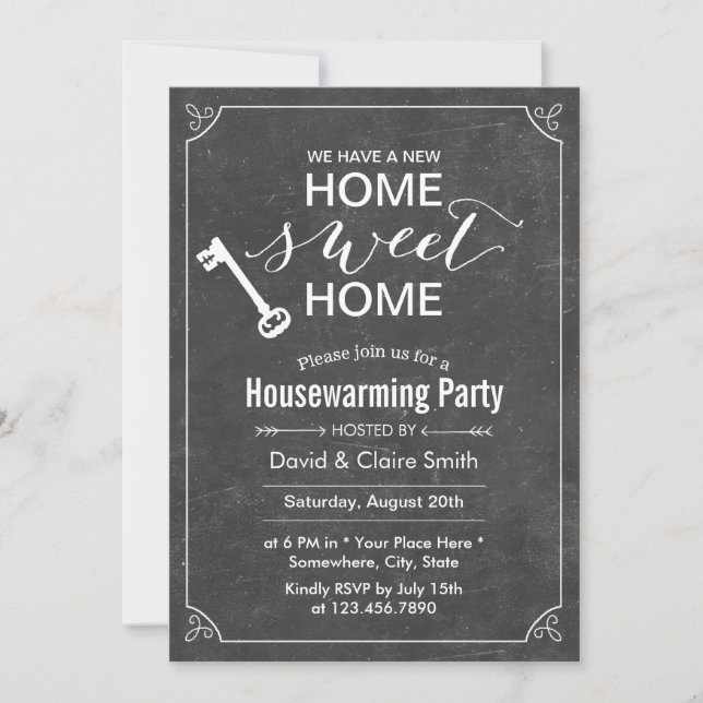 Convite Chalkboard New Home Sweet Home Housearming Party (Frente)
