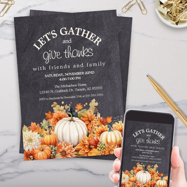 Convite Chalkboard Pumpkin Festa de Ação de Graças de Potl (thanksgiving invitation templates for fall autumn leaves pumpkins lets gather and give thanks)