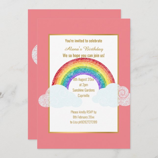 CONVITE CHALKBOARD RAINBOW CLOUD PINK ANIVERSÁRIO (Frente/Verso)