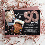 Convite Chalkboard RoseGold Balloons 2 Foto 50º Aniversári<br><div class="desc">Celebrando o BIG 50! Estes convites permitem-vos carregar uma fotografia, antes e depois, do aniversariante ou da mulher, numa moldura de ouro rosa, com o título "Saúde a 50 Anos!". Apresentando um fundo chalkboard rústico, balões de hélio rosa, balões de hélio com número de ouro, balões de glitter rosa e...</div>