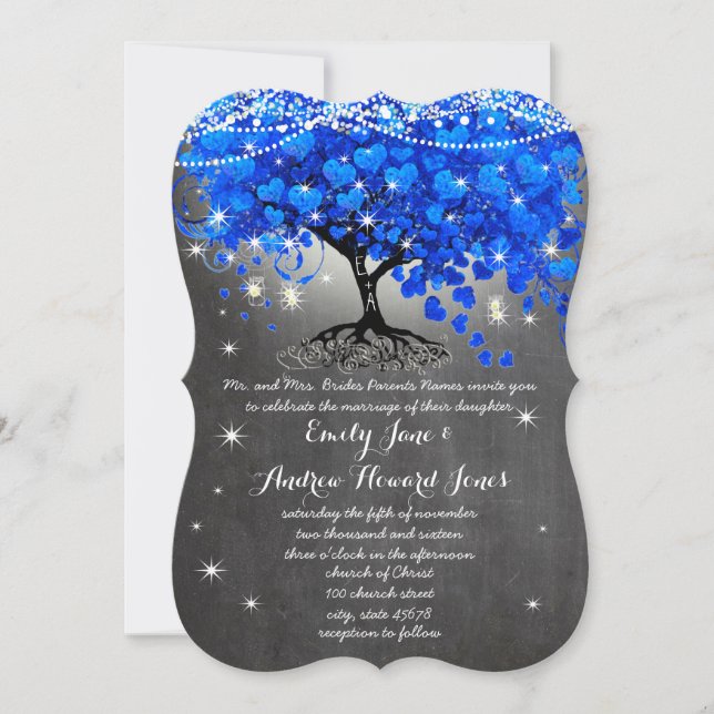 Convite Chalkboard Royal Blue Heart Leaf Tree Mason Jar (Frente)