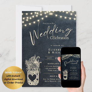 Convite Chalkboard Rustic Mason Jar Wedding Impressão DIGI