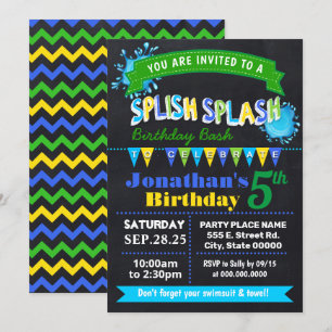 Convite Chalkboard Splash Festa azul de aniversário