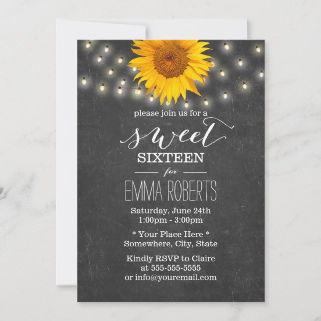 Convite Chalkboard Sunflower & String Lights Sweet 16 (Frente)