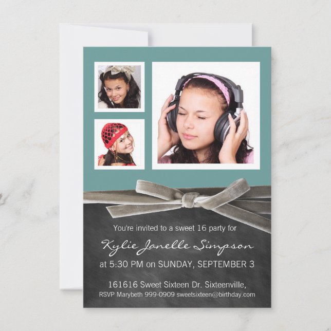 Convite Chalkboard Sweet 16 com 3 fotos (Frente)