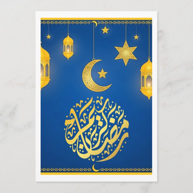 Convite Chamada Arábica Azul e Dourada Festiva do Ramadão  (Frente)
