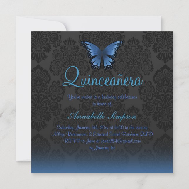 Convite Chamada Blue Butterfly & Damask Quinceanera (Frente)