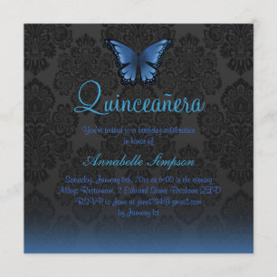 Convite Chamada Blue Butterfly & Damask Quinceanera