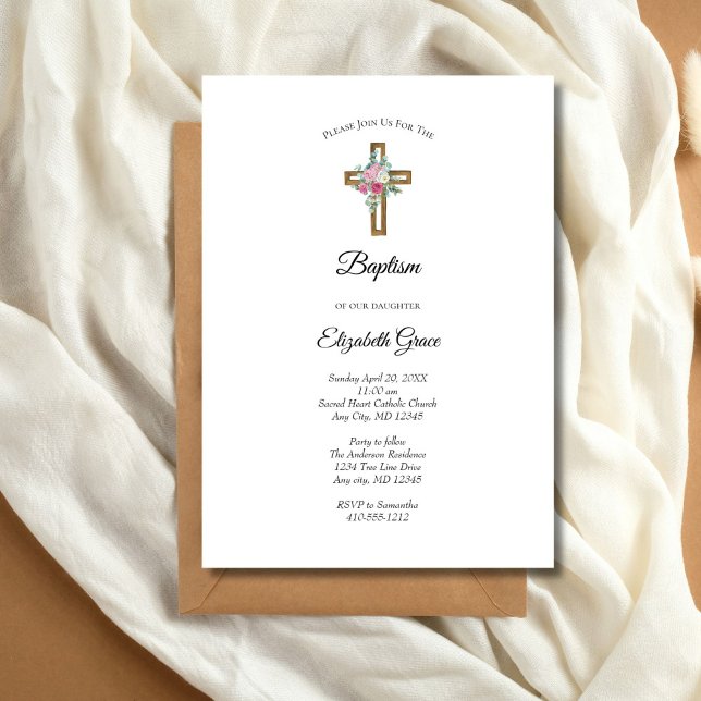 Convite Chamada de Batismo de Flores Cruzadas de Madeira (Baptism Wooden Cross Pink Flowers Invitation)